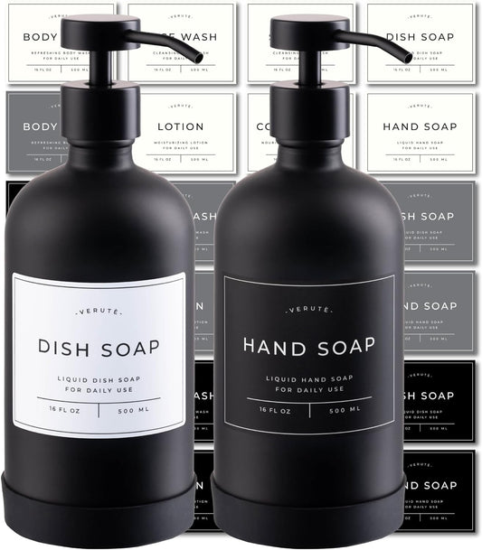 16oz Glass Soap Dispenser with Stainless Steel Pump, 21 Waterproof Labels, Non-Slip Protective Silicone Pad, Set of 2 for Bathroom & Kitchen (Matte Black Bottle/Black Pump)