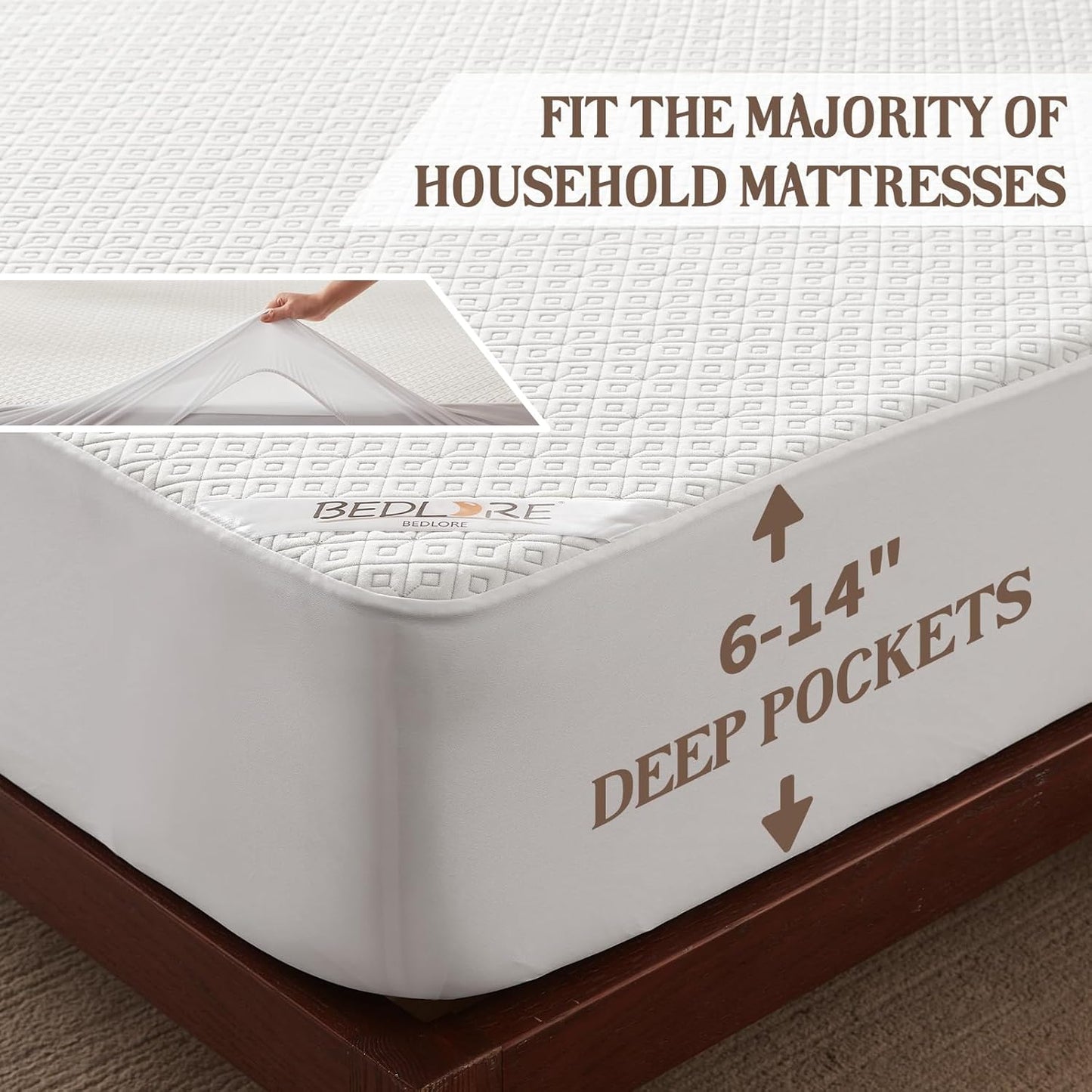 BEDLORE Full Size Mattress Protector, Waterproof Noiseless Mattress Cover with Stretchable Pockets for 6-15 inches Mattress, Soft Breathable Mattress Pad for College Dorm (White)
