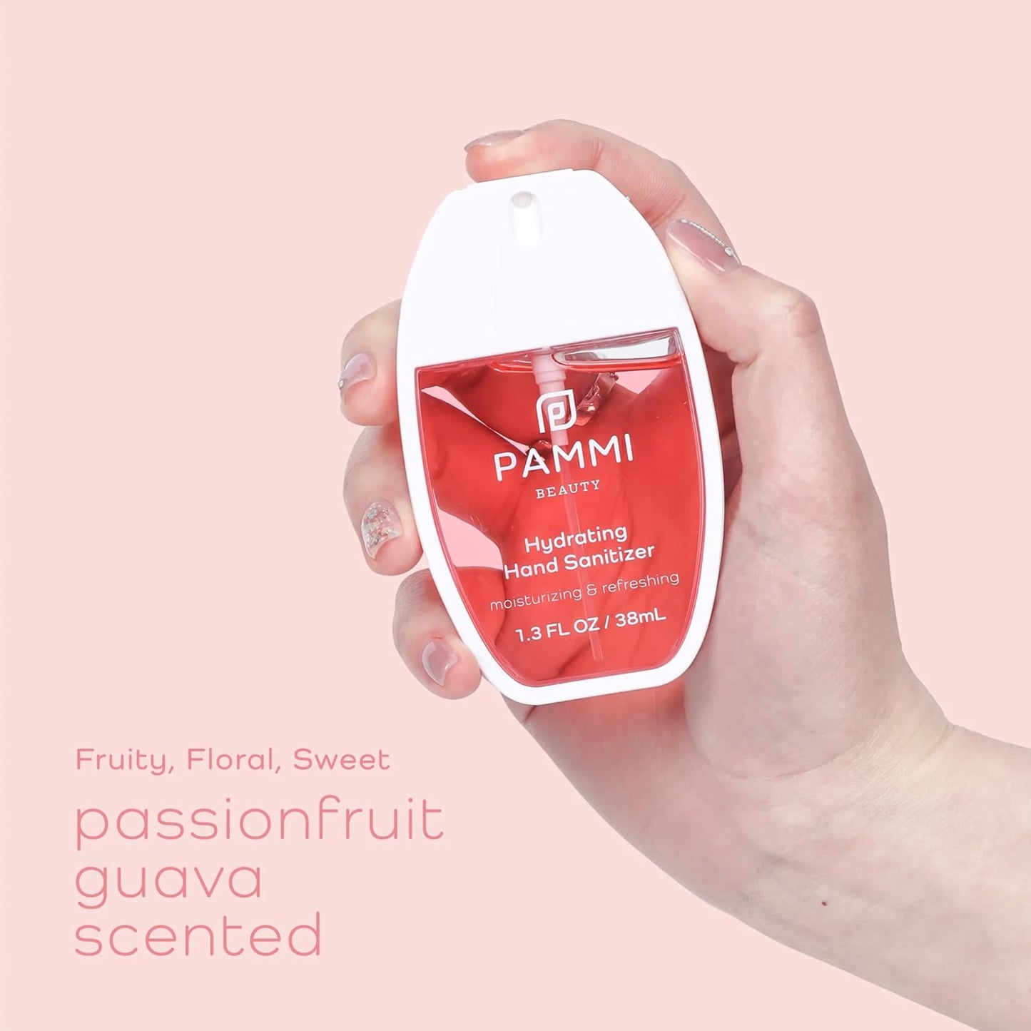 PAMMI Power Mist Hydrating Hand Sanitizer Spray, Portable Travel Size Pocket Hand Sanitizer, Scented Handsanitizer Mini Spray For Car - 600 Sprays (2 Packs (Guava, Peach))