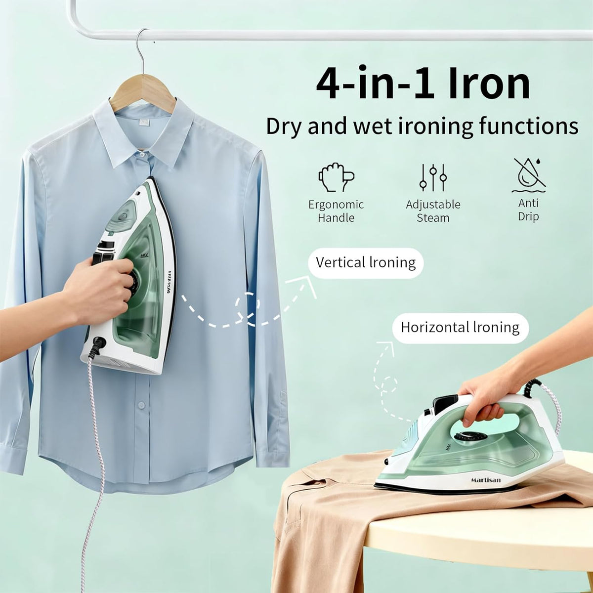 Martisan 2000W Powerful Steamer, Steam Iron for Clothes, Non-stick Soleplate, 4-in-1 Iron, Anti Drip, Fast Heating, Adjustable Temperature, Spray & Burst Steam, Green
