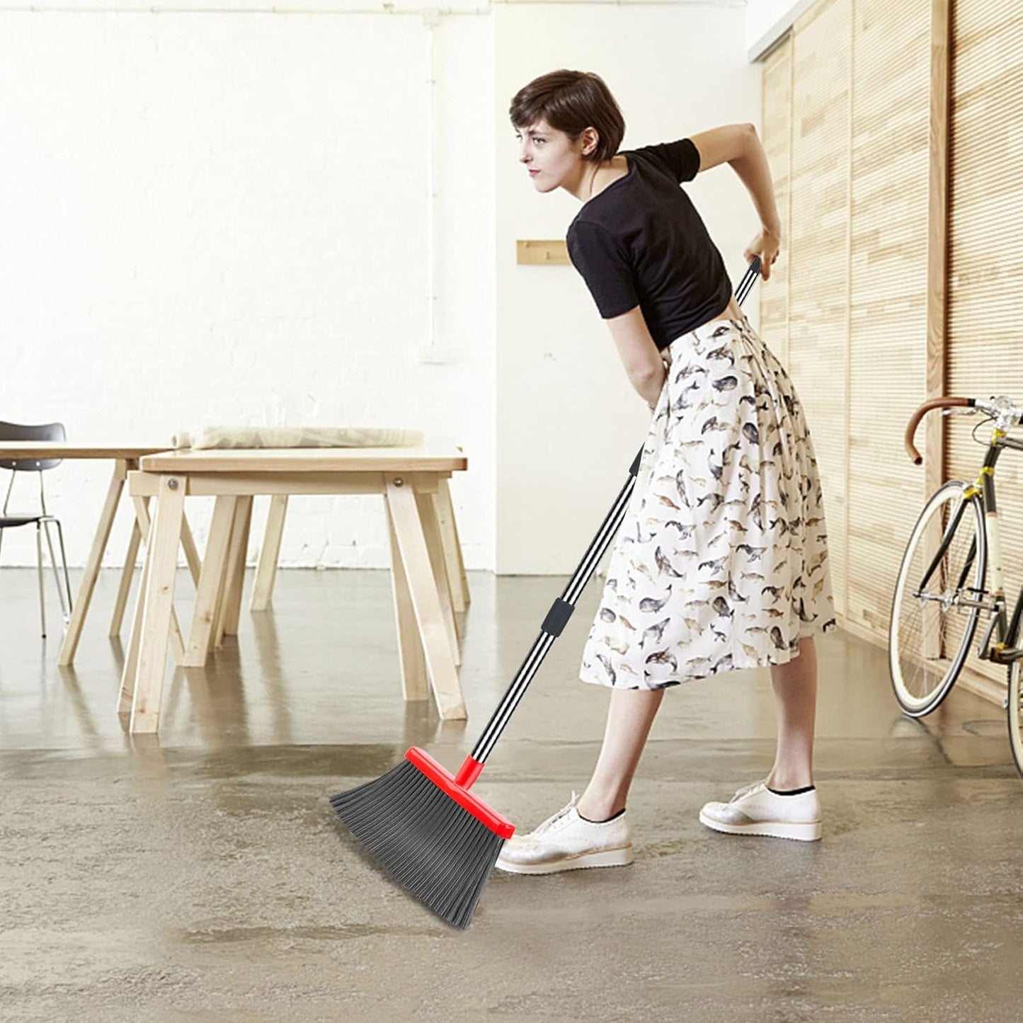 kelamayi Upgrade Broom and Dustpan Set, Broom with Dustpan Combo Set, Large Size and with Long Handle, Upright,Ideal for Indoor Outdoor Garage Kitchen Room Office Lobby Use (Black&Red)