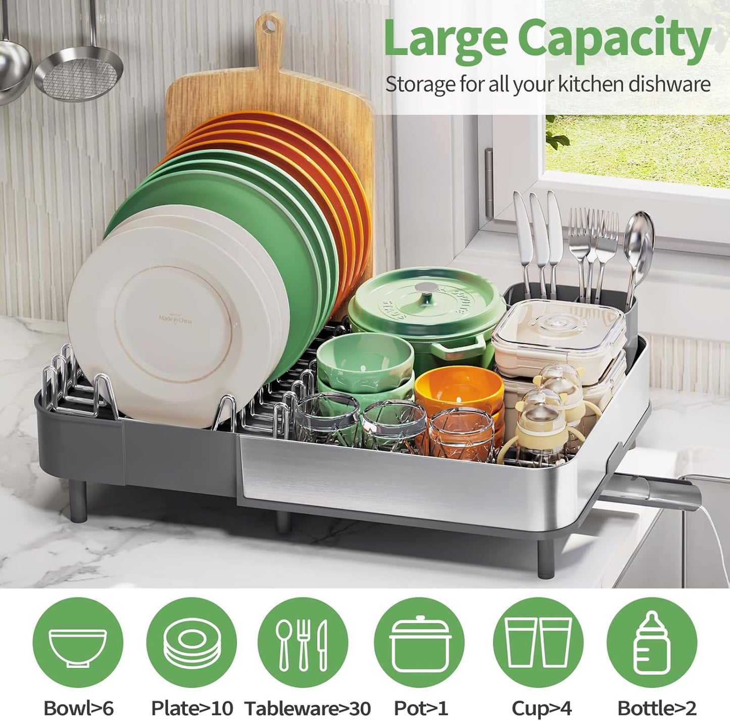 Dish Drying Rack for Kitchen Counter, 304 Stainless Steel Dish Rack, Expandable Dish Drainer, Foldable Dish Strainer, Extendable Dish Drainer Rack with Cutlery Holder, Kitchen Plate Rack