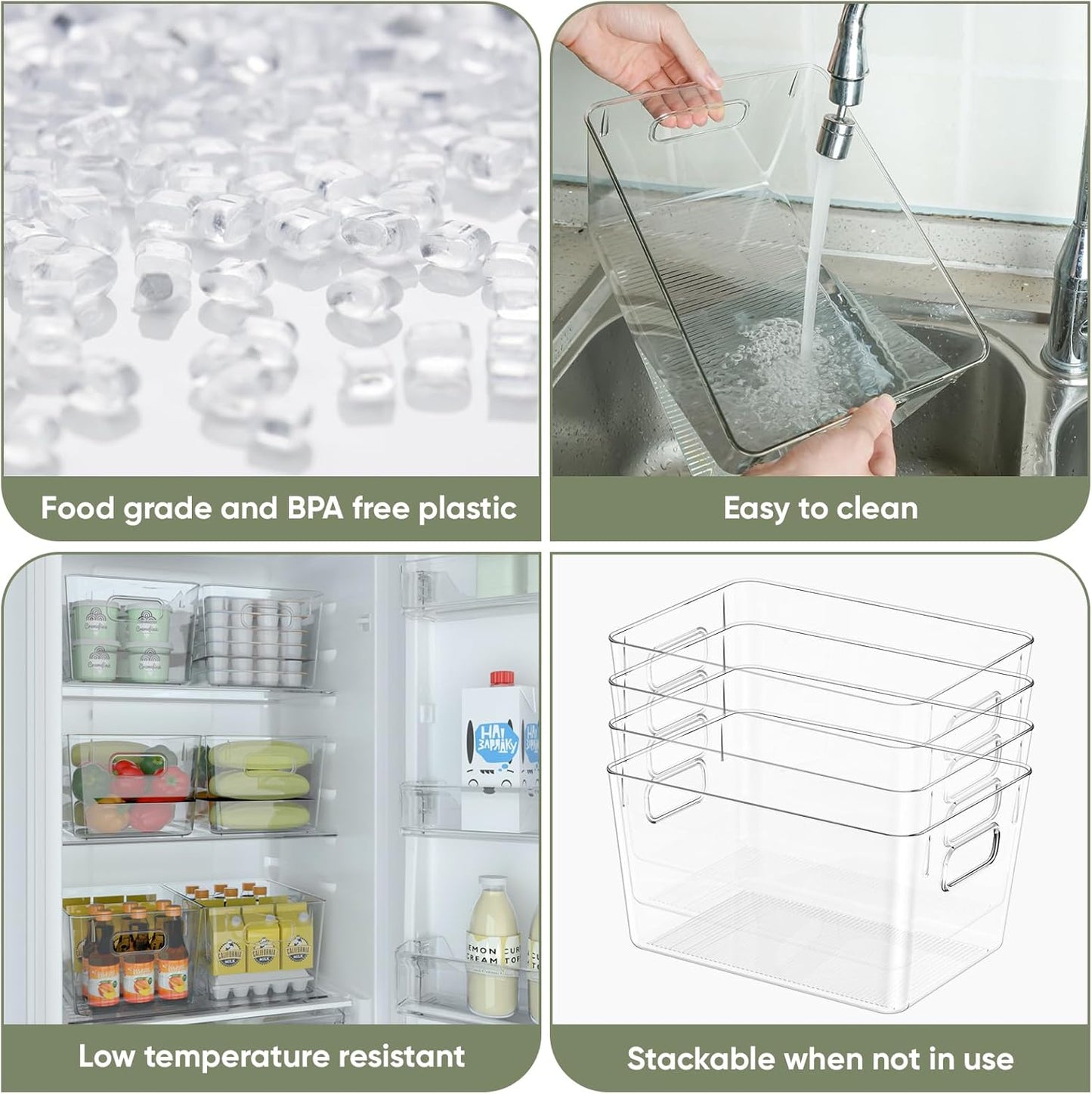 BALEINE Clear Plastic Storage Bins, Pantry Organization, BPA Free Stackable Refrigerator Organizers and Storage with Handles for Kitchen Fridge Cabinet Bathroom (4PK, 11x7.5x6)