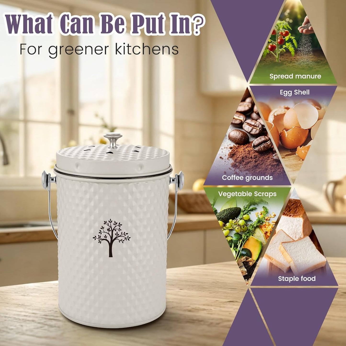AOSION Countertop Compost Bin Kitchen,Odorless Indoor Compost Bin with Lid and Compost Bags,Compost Bucket Composter Container for Food Waste,Creamy White