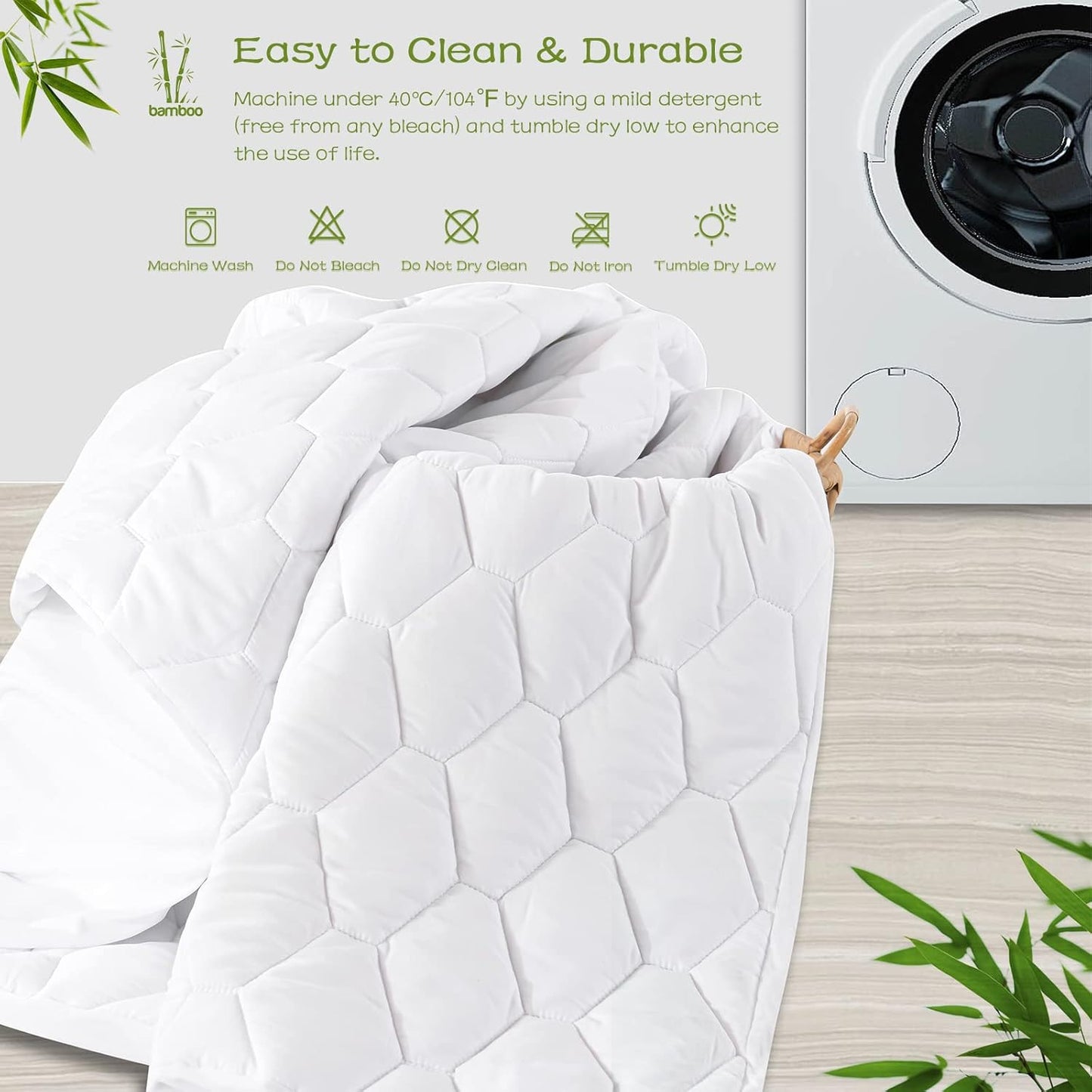 GRT King Mattress Protector Waterproof, Rayon from Bamboo, Cooling Quilted Fitted Mattress Pad, Noiseless Waterproof Mattress Cover, fits up to 21" Deep, Dust Proof White