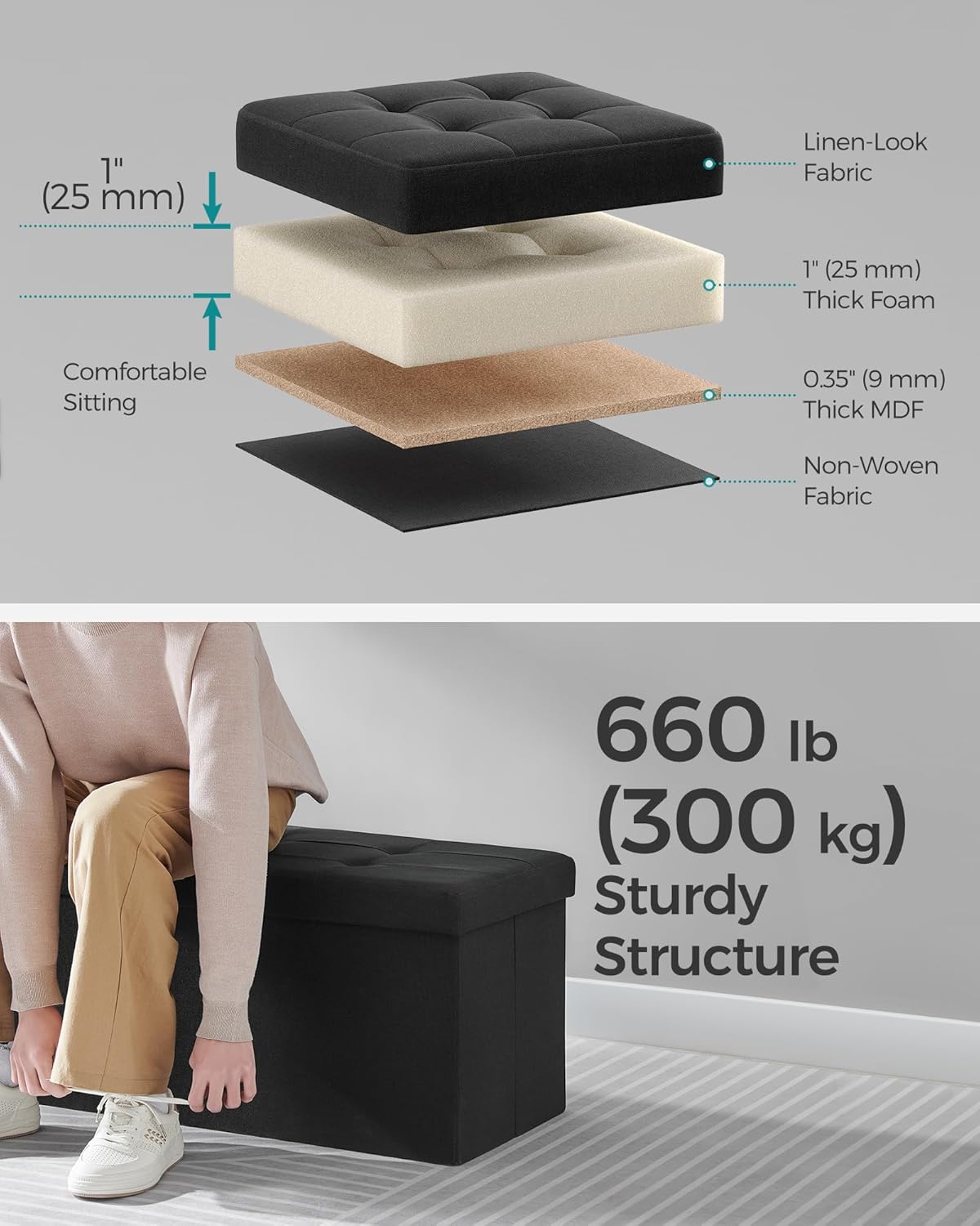 SONGMICS Mazie Collection - 43 Inches Storage Ottoman, Foldable Storage Bench with Flipping Lid, 660 lb Load Capacity, for Entryway, Living Room, Bedroom, Ink Black ULSF076B01