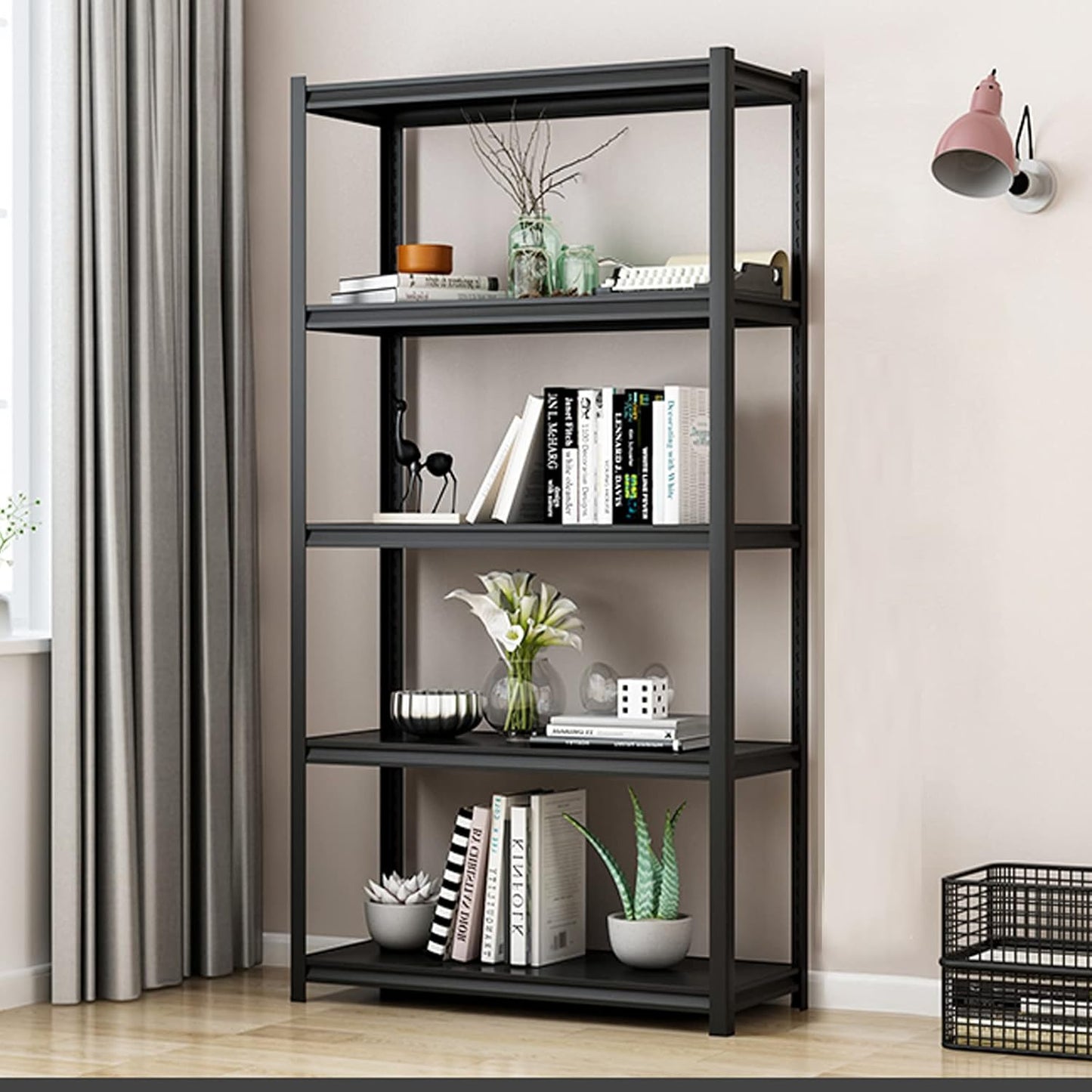 Heavy Duty Garage Shelving, Metal Storage Shelves, Adjustable 5 Tier Metal Shelving Unit, Industrial Utility Rack for Garage, Warehouse, Workshop, 12" D×27.5" W×60" H, Black