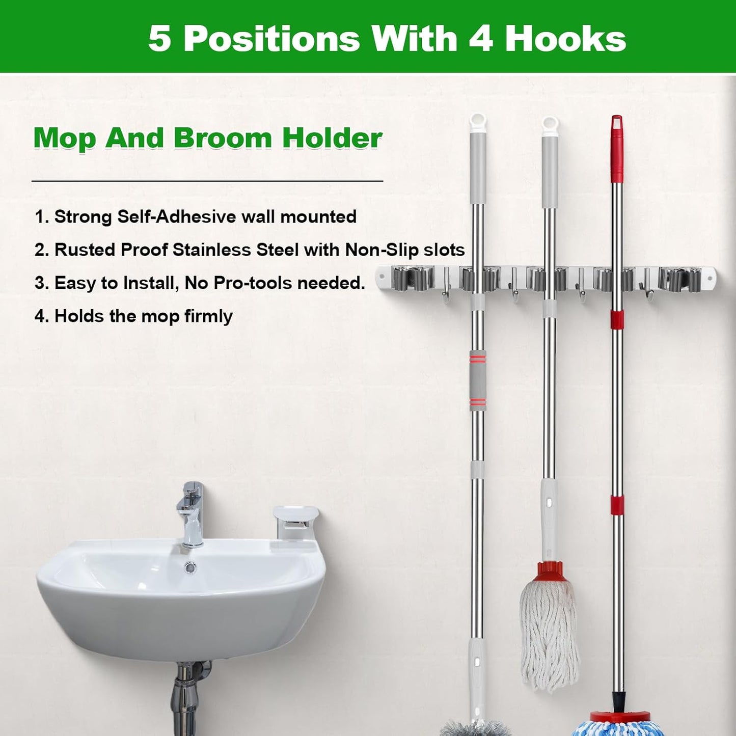 voze [2 Pack] 5 Racks and 4 Hooks Mop and Broom Holder Wall Mount, Self Adhesive Heavy Duty Broom Organizer Storage Tool Racks for Kitchen Garden Laundry Garage, Silver