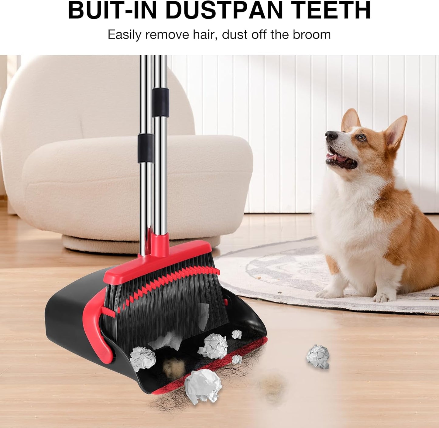 NACENA Broom and Dustpan Set, 52-in Long Adjustable Handle Broom Dustpan Combo with Dustpan Teeth to Automatically Clean Hair Suitable for Home Kitchen Office Hall Floor (Black&Red), 4 Pack