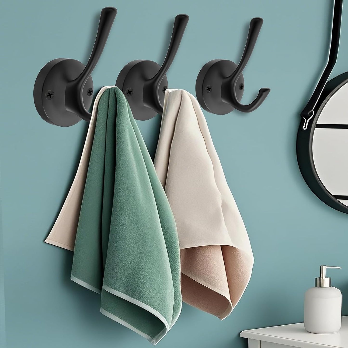 Black Wall Hooks, 6 Pack Coat Towel Hook Heavy Duty Metal Double Bath Robe Hook Wall Mounted, Hat Hooks for Cubicle Bathroom Kitchen Closet Garage