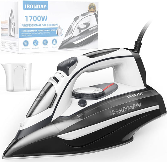 Steam Iron for Clothes Rapid Heating, 1700W Iron with Non-Stick Ceramic Soleplate, 3-Way Auto-Off, Burst of Steam, Self-Cleaning, 14.07oz Water Tank Ironing Clothes for Home, Grey