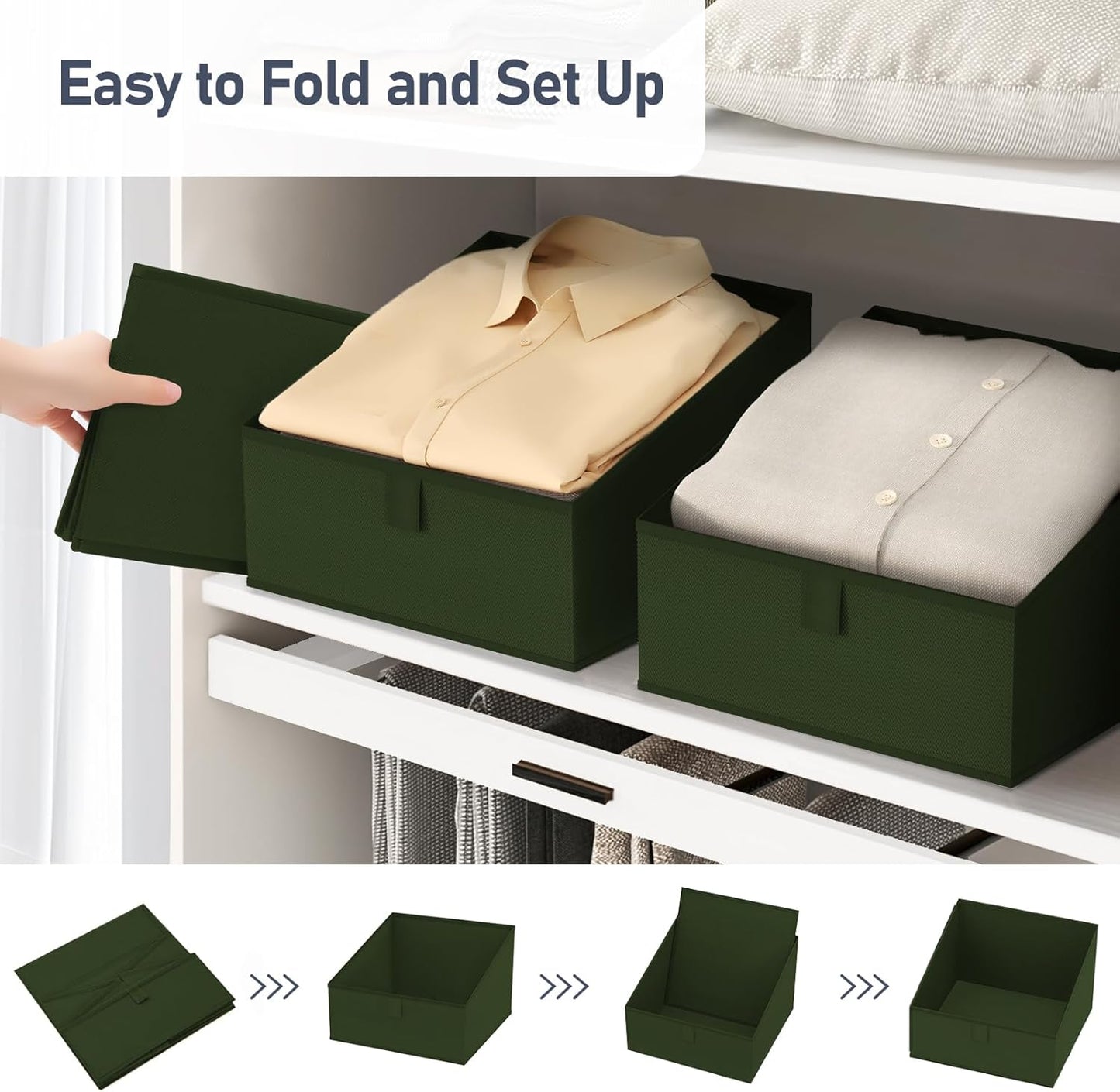DIMJ Closet Storage Bins 8 Pack - Fabric Trapezoid Closet Organizer Bin, Foldable Storage Baskets for Shelves, Closet Shelf Organizer, Clothing Storage Box for Toys, Books, Towel, Clothes, Green