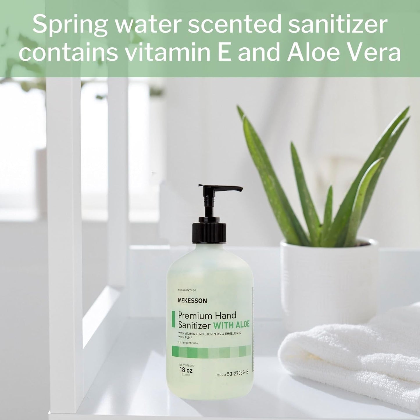 McKesson Hand Sanitizer with Aloe, 18 oz Pump Bottle – 70% Ethyl Alcohol, Spring Water Scent, No-Rinse Gel with Vitamin E and Moisturizers, Medical-Grade Sanitizer