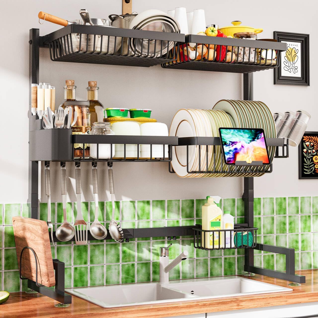 Over The Sink Dish Drying Rack 27-40L x 12W x 32.5-37H (inches) (Expandable Height and Length) Snap-On Design 2 Tier Large Dish Rack