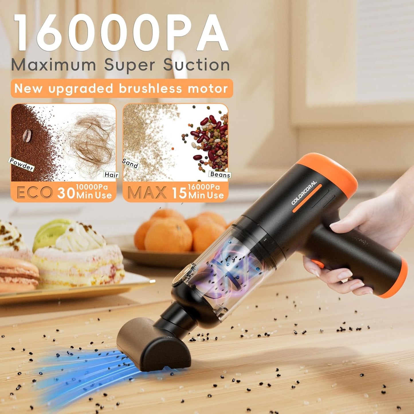 COLORCORAL Handheld Vacuum Cordless Rechargeable 16000Pa High Power Car Vacuum Portable with Brushless Motor, 4 in 1 Portable Vacuum Cleaner with Cleaning Gel for Home, Car and Office