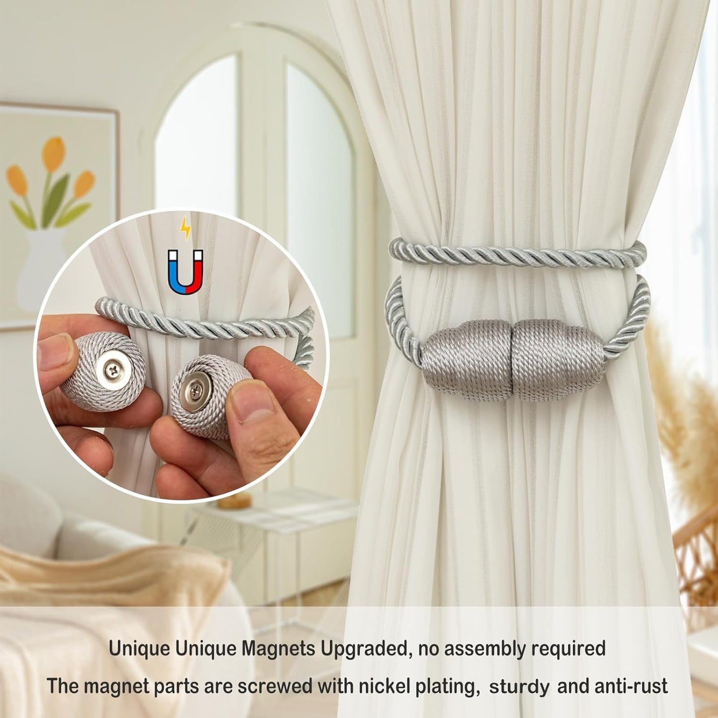 Magnetic Curtain Tiebacks - Rope Tiebacks for Curtains & Drapes, Decorative Window Holdbacks (8 Pack, Grey)
