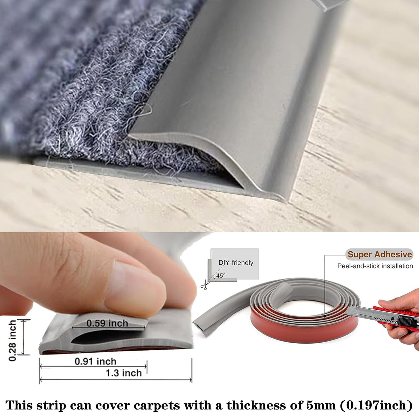 Self Adhesive Carpet Transition Strip with Edge Trim, Designed for Seamless Transitions from Carpet to Tile or Vinyl Floors, Perfect for Doorways.(Gray,82ft)