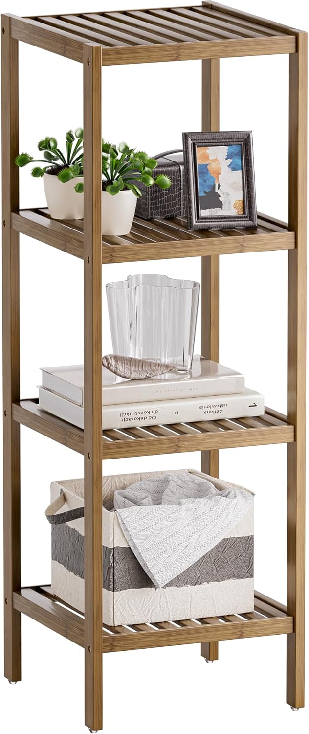 SMIBUY Bathroom Storage Shelf, 4-Tier Bamboo Rack Organizer, Multifunctional Shelving Unit for Living Room Bedroom Kitchen (Walnut)