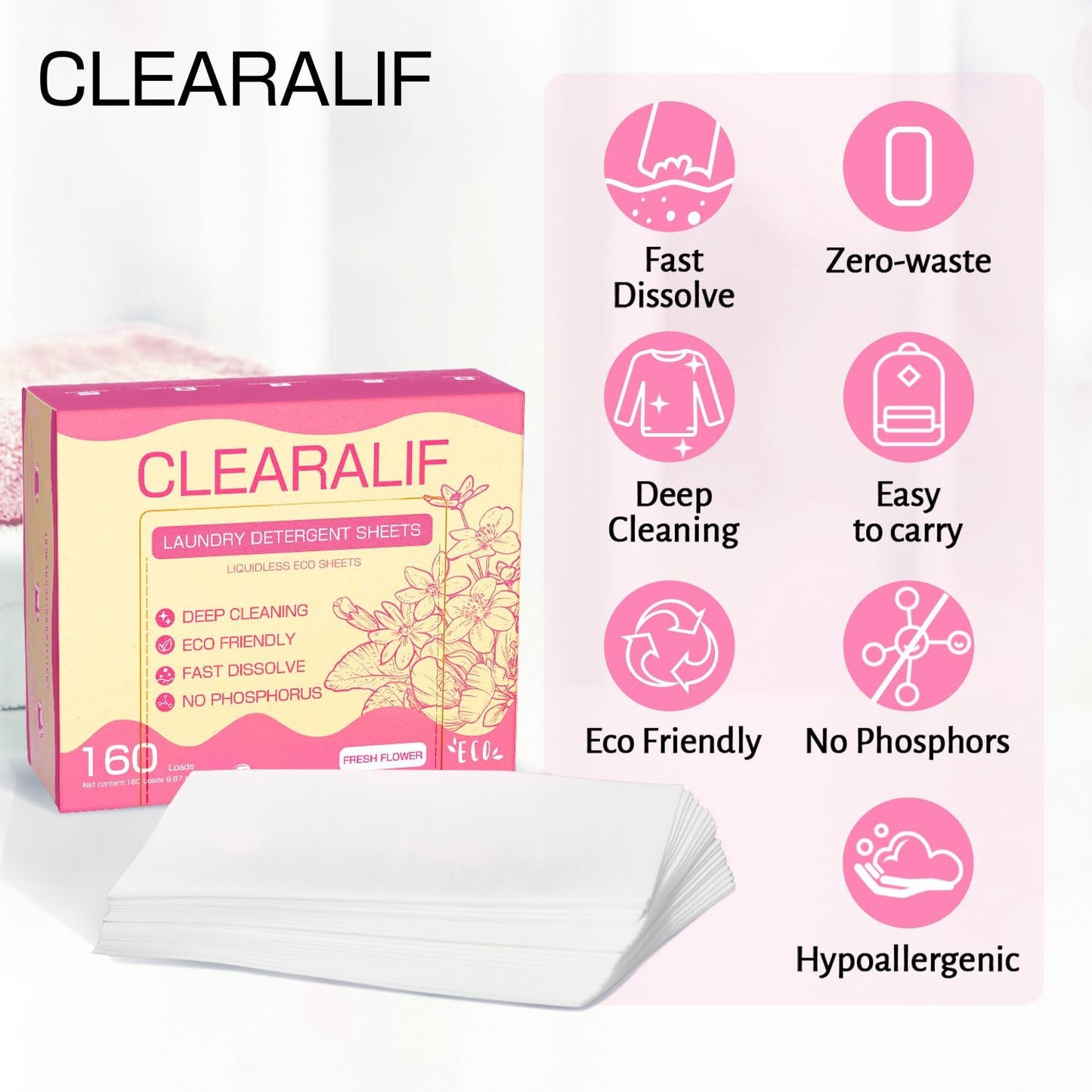 Laundry Detergent Sheets Up to 160 Loads, Fresh Flower - Great For Travel,Apartments, Dorms,CLEARALIF Laundry Detergent Strips Eco Friendly & Hypoallergenic - 80 Sheets