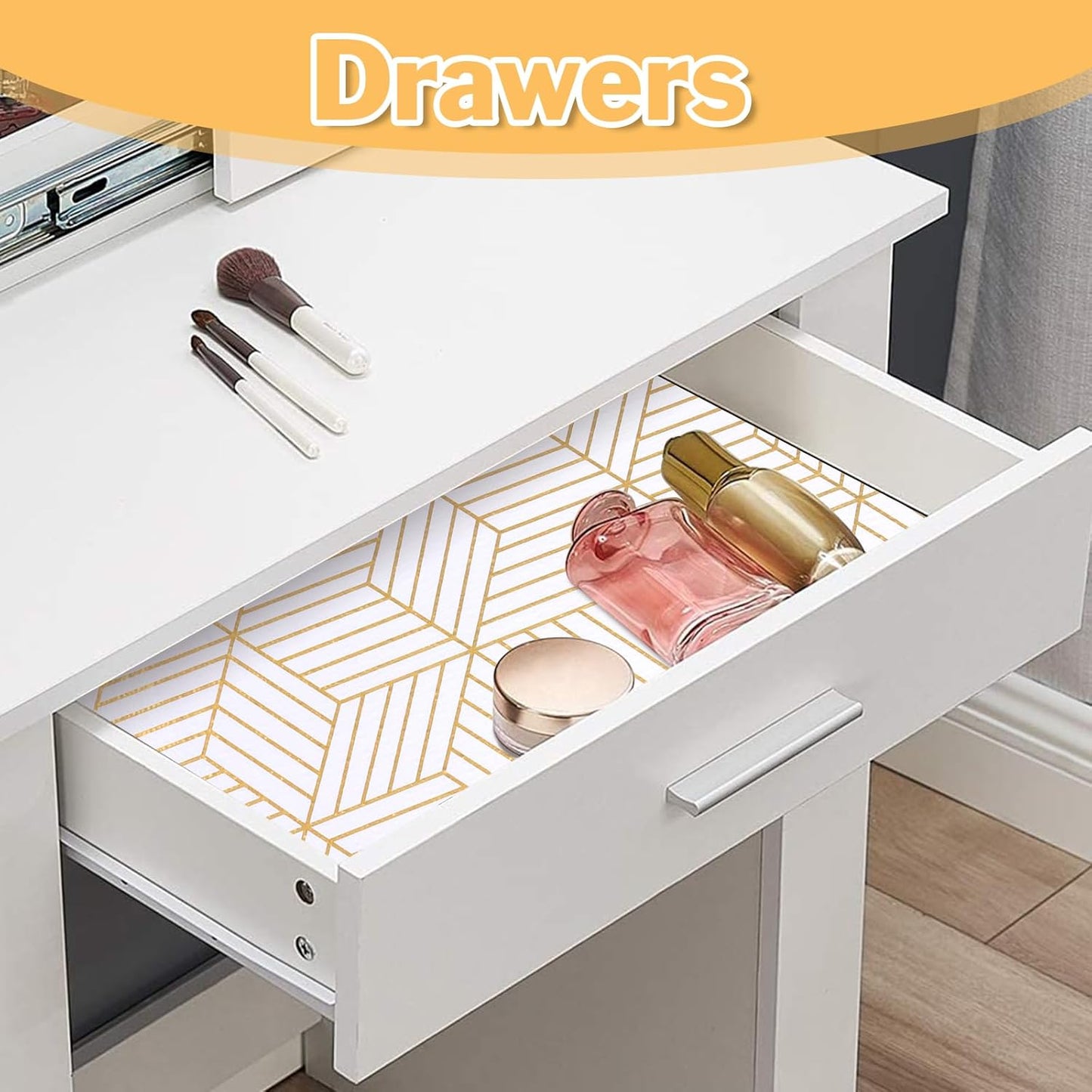 Shelf Liners for Kitchen Cabinets Non Adhesive Shelf Liner Paper Non-Slip Thickened Drawer Liner Easy to Clean for Tool Box Refrigerator with Knife and Tape Measure, Gold Geometric, 17.3 x 236.2 in
