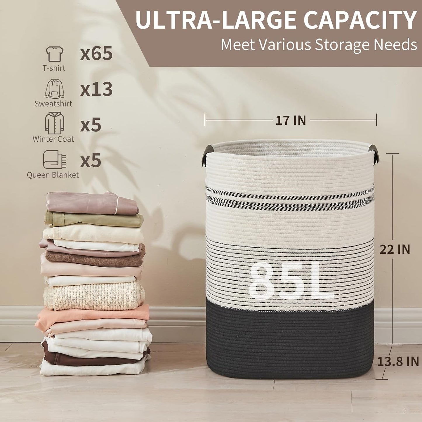 Laundry Basket with Handles - Blanket Basket & Hampers for Bedroom Aesthetic, Laundry Hamper & Blanket Storage for Living Room, Clothes Hamper, Tall, Large 17" x 14" x 22”, Black & White