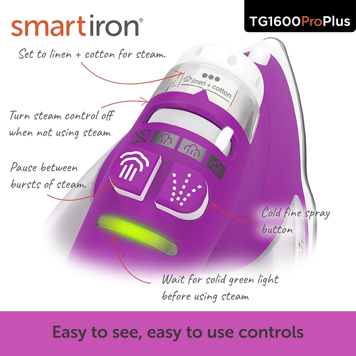 oliso TG1600 ProPlus Smart Iron with Auto-Lift – 1800 Watt Steam Iron for Clothes, Sewing, Quilting & Crafting – Diamond Ceramic-Flow Soleplate, Orchid
