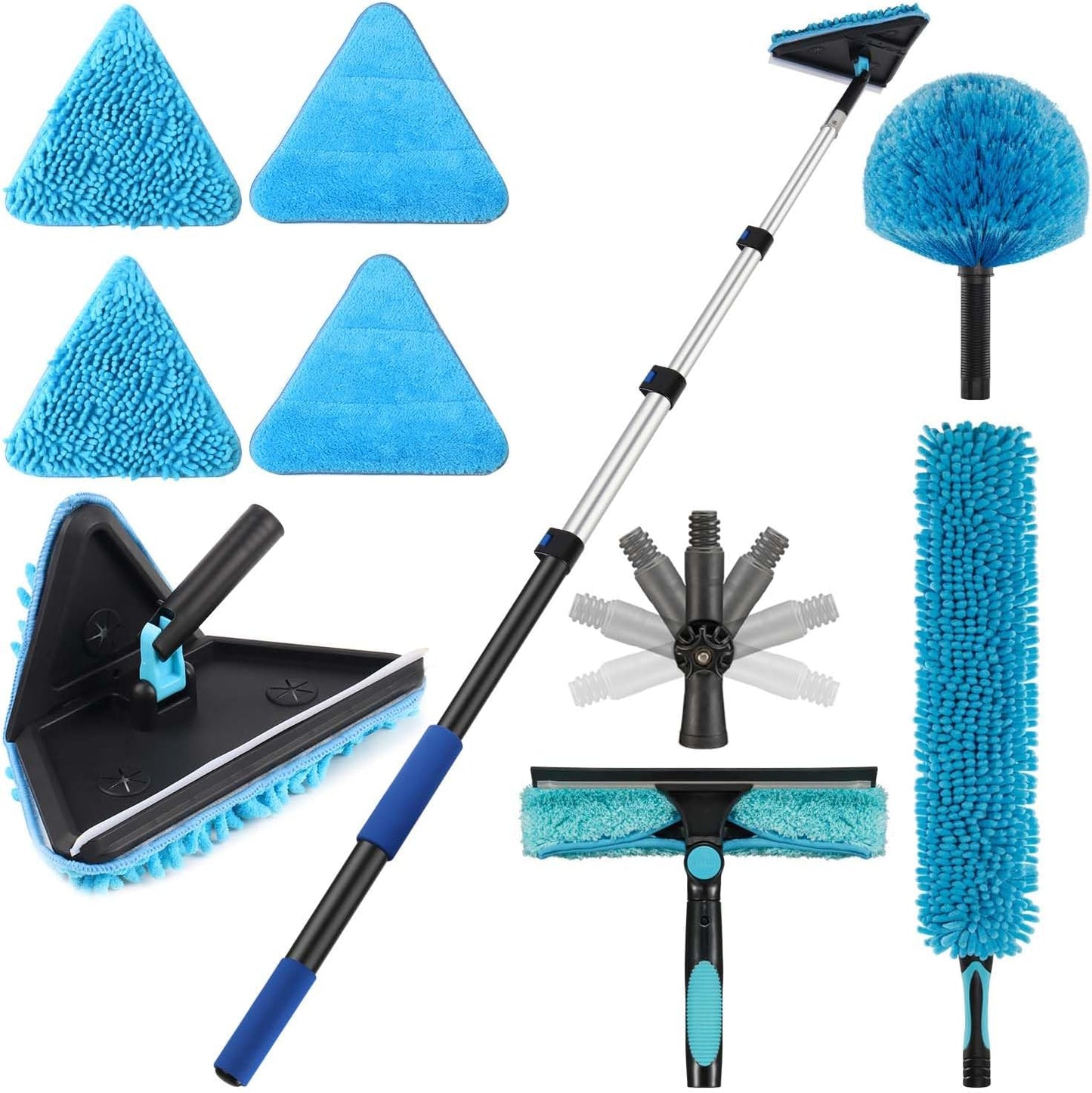 16 Feet High Ceilings Baseboard Wall Cleaner Mop with 8 Ft Extension Pole, Cobweb Duster, Window Cleaning Squeegee Kit (8ft)