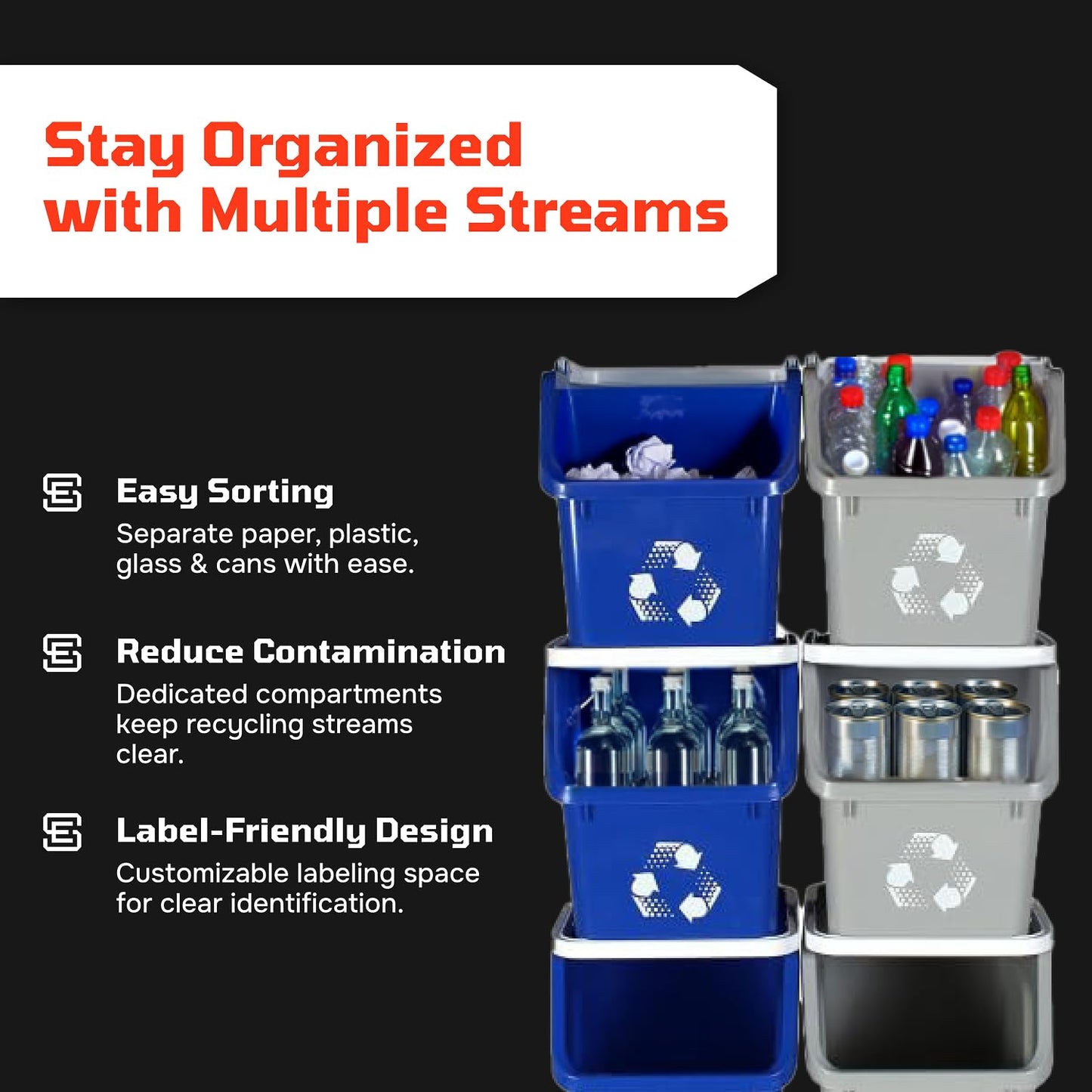 Multi Bin Recycling System with Three Stackable 6 Gallon Recycle Bins to Build Your Recycling Center for Offices, Kitchen, Garages, Businesses (3 Pack, Blue/Yellow/Red)