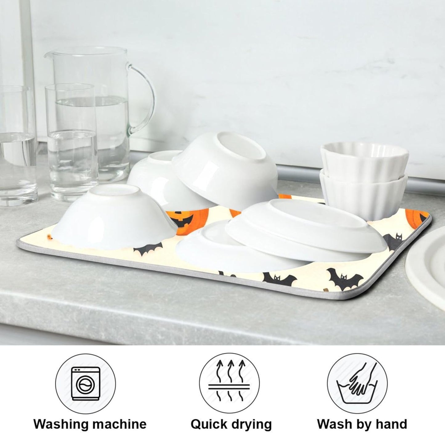 Halloween Black Bat Dish Drying Mat for Kitchen Countertop 18x24 Spooky Evil Pumpkin Lantern Large Drying Mat Reusable Quick Dry Dish Sink Mats Easy Clean Decorative Essentials