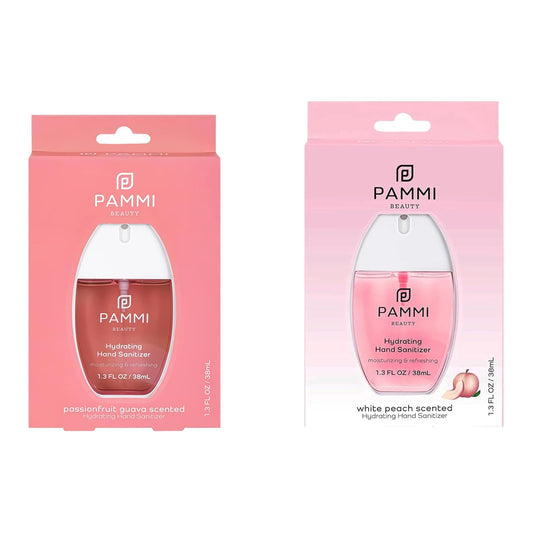 PAMMI Power Mist Hydrating Hand Sanitizer Spray, Portable Travel Size Pocket Hand Sanitizer, Scented Handsanitizer Mini Spray For Car - 600 Sprays (2 Packs (Guava and White Peach))
