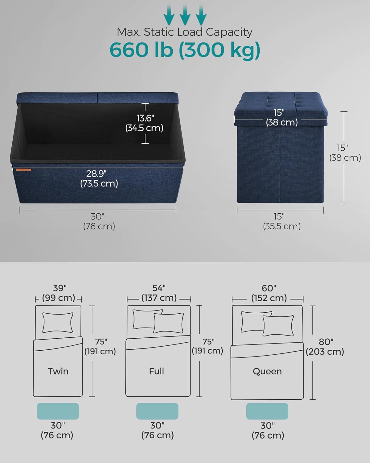SONGMICS Mazie Collection - 30 Inches Storage Ottoman, Foldable Storage Bench with Flipping Lid, 660 lb Load Capacity, for Entryway, Living Room, Bedroom, Midnight Blue ULSF046Q02