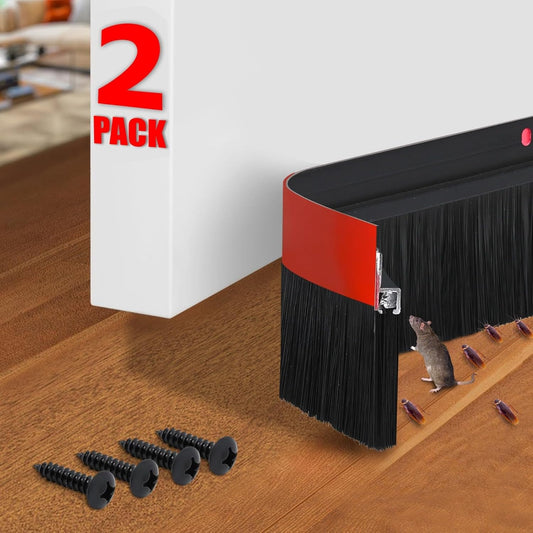 Premium 2 Pack Door Sweep for Bottom – Metal Gap Filler Draft Blocker, Weather Stripping Threshold Seal, Brush Weather Storm Soundproofing Rodent Guard Excluder Strip, Rain Drip Draft Stopper