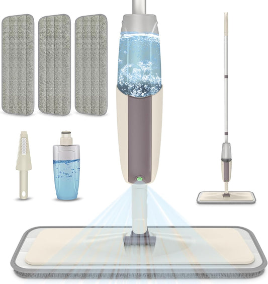 Spray Wet Mops for Hardwood Floor Cleaning - MEXERRIS Dust Dry Mops with 3 Reusable Washable Pads Wood Floor Mop with Spray Home Commercial Use Hardwood Laminate Wood Ceramic Tiles