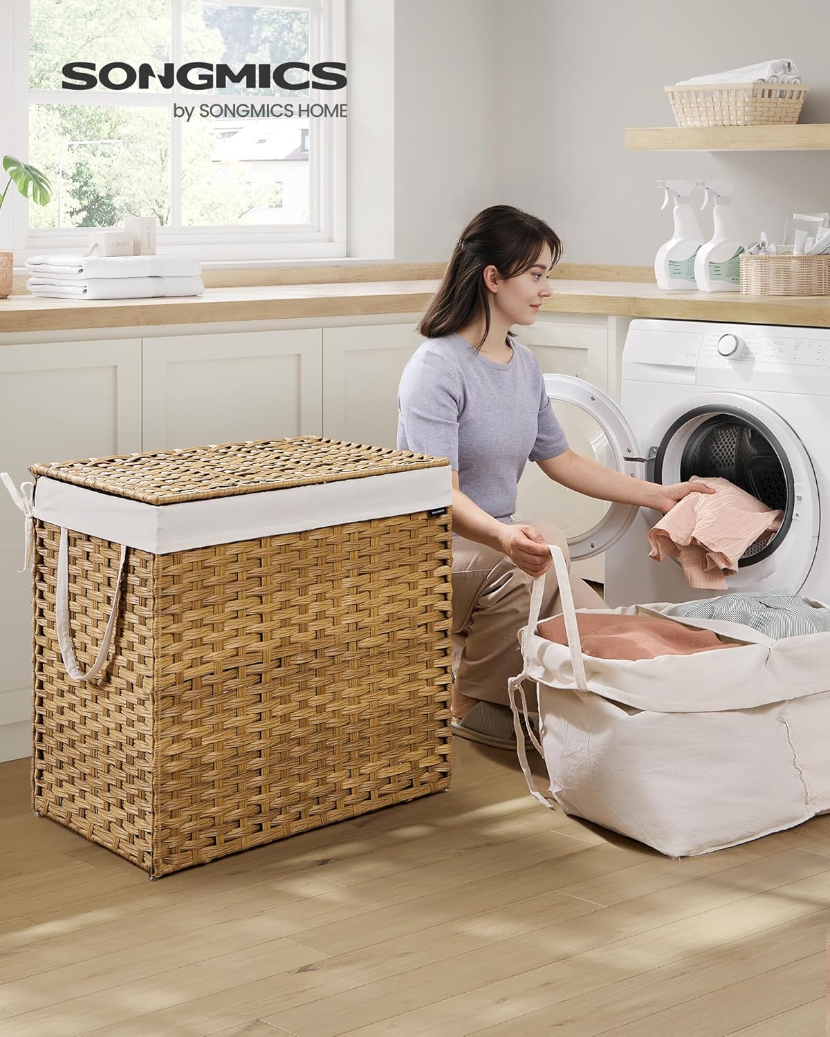 SONGMICS Laundry Hamper with Lid, 160 L Clothes Hamper with 2 Removable Liner Bags, 6 Mesh Bags, Wicker Laundry Basket, Double Laundry Hamper for Bathroom, 26 x 15.7 x 24 Inches, Natural ULCB316Y01