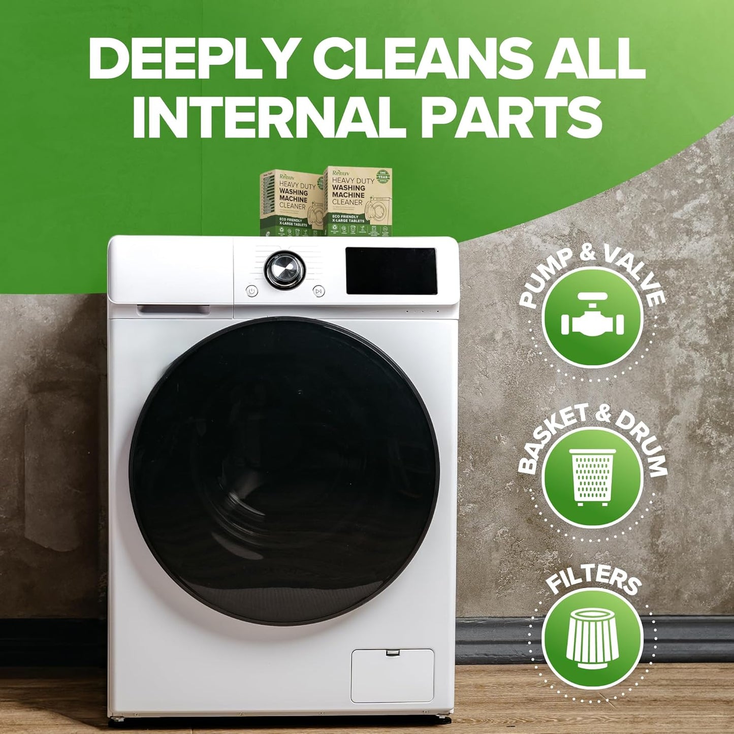 Renuv Heavy Duty Washing Machine Cleaner and Descaler - Deep Cleaning Tablets For Front Load or Top Load Washer (12 XL Tablets - One Year Supply)