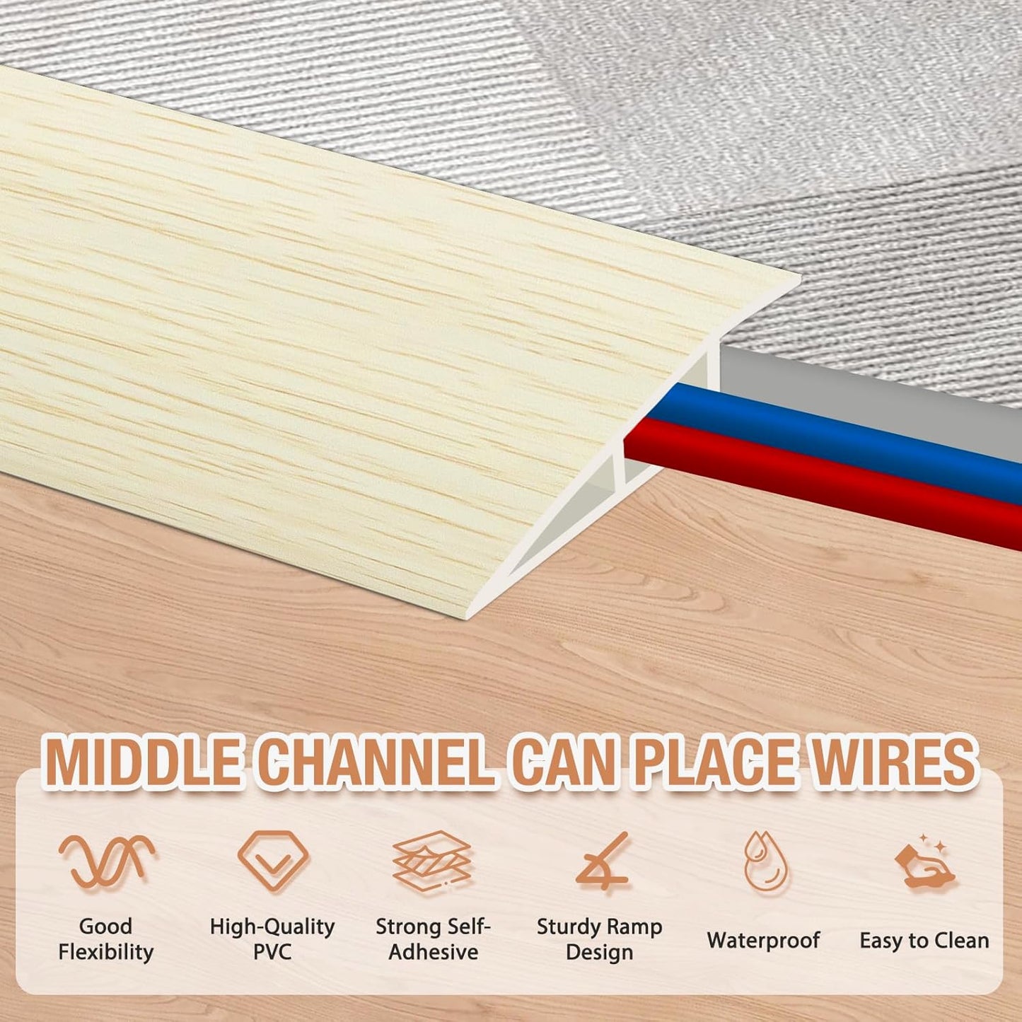 Floor Transition Strip Self Adhesive Vinyl Door Threshold for Doorways Carpet Edging Trim Overlap Edge Reducer for Laminate Floor, Carpet, Tile (Beige Wood Grain, 1/5" to 2/5", 6.6Ft)