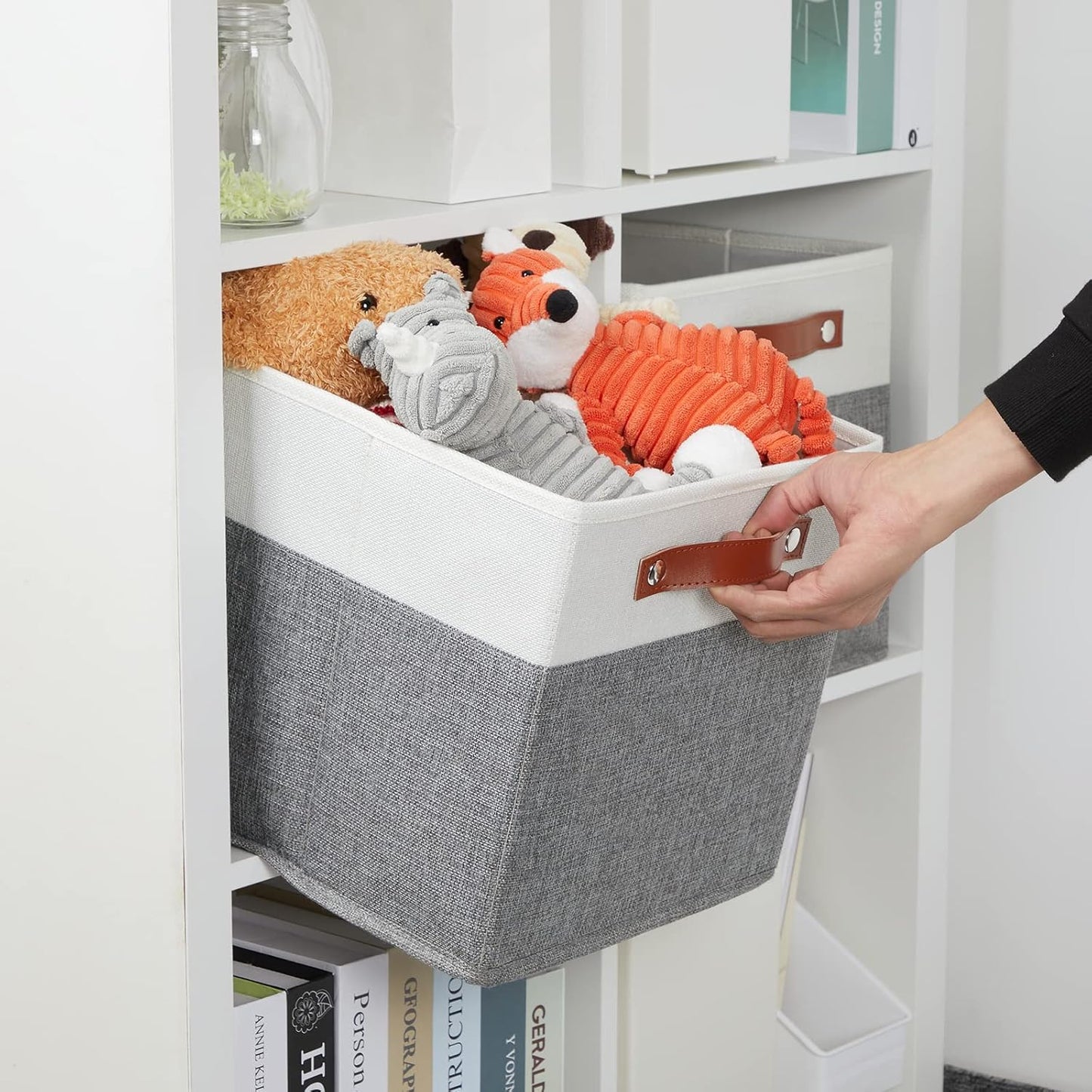 DULLEMELO 11x11 Storage Cubes, Collapsible Sturdy Cube Storage Bins With Handles for Organizing,Fabric Storage Cubes Baskets for Shelves Nursery Closet Home Organization and Storage (White&Grey)