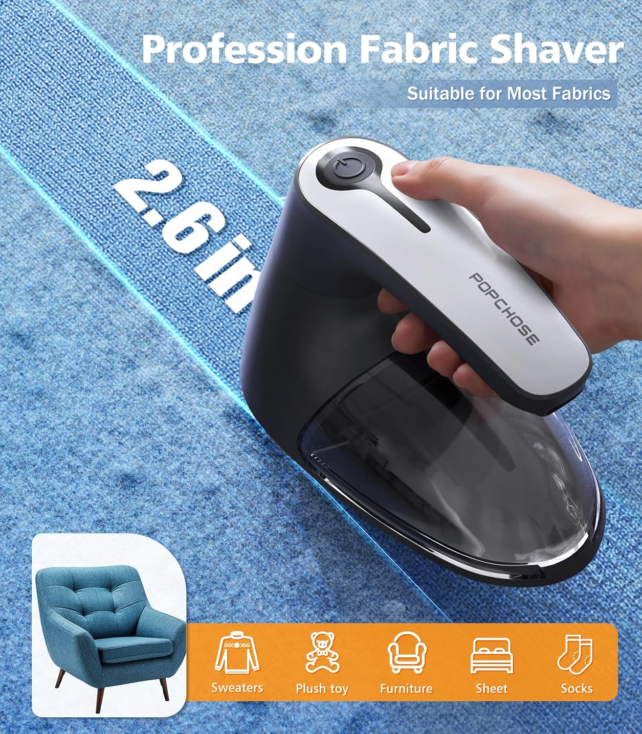 POPCHOSE Fabric Shaver, Rechargeable Lint Remover Defuzzer Sweater Shaver, Fuzz Remover for Clothes, Sweater, Furniture, Couch, Cashmere(Two 6-Leaf Blades Extra, Electrostatic Brush)…
