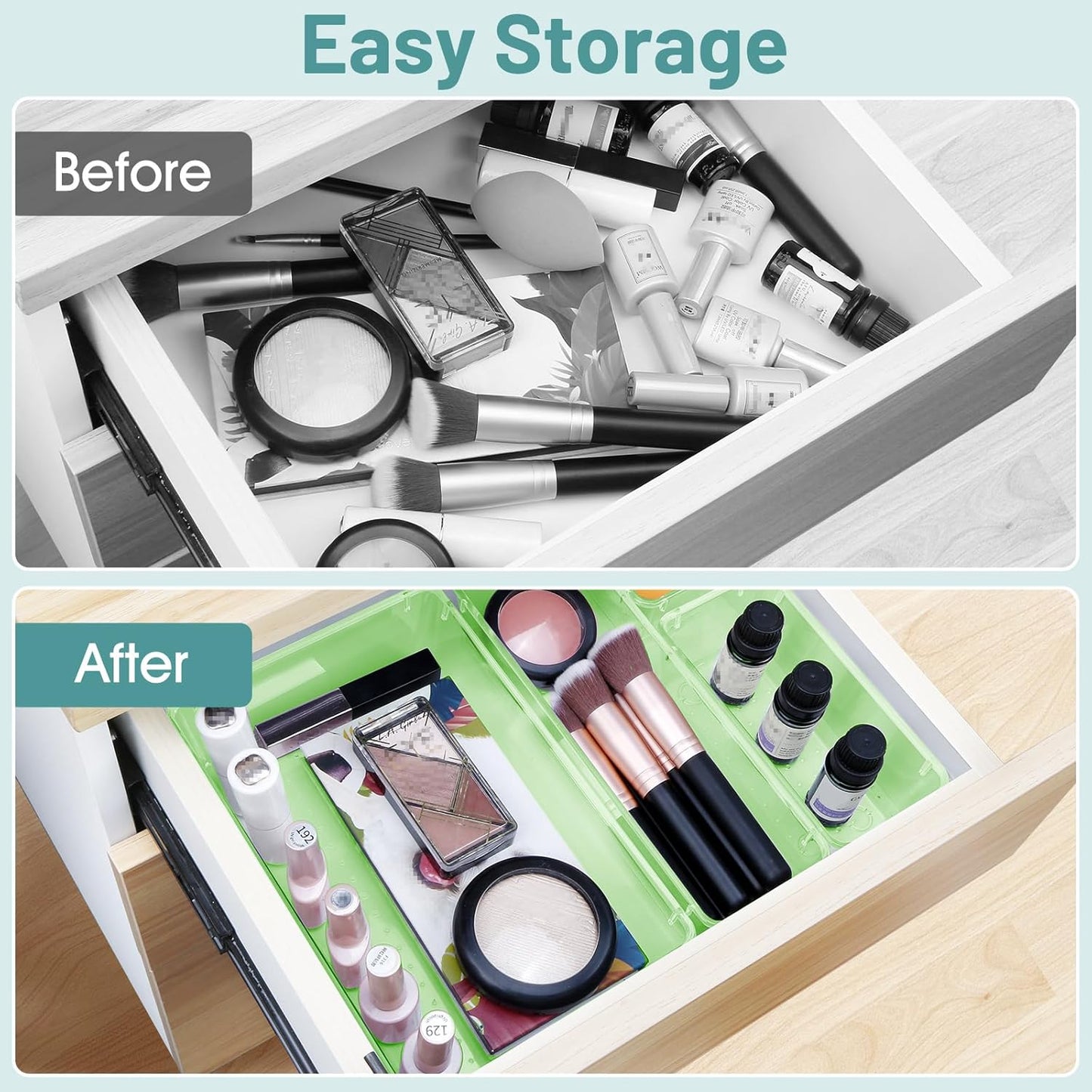 WOWBOX 25 PCS Plastic Drawer Organizer Set, 4 Sizes Desk Drawer Divider Organizers and Storage Bins for Makeup, Jewelry, Gadgets for Kitchen, Bedroom, Bathroom, Office, Clear Green