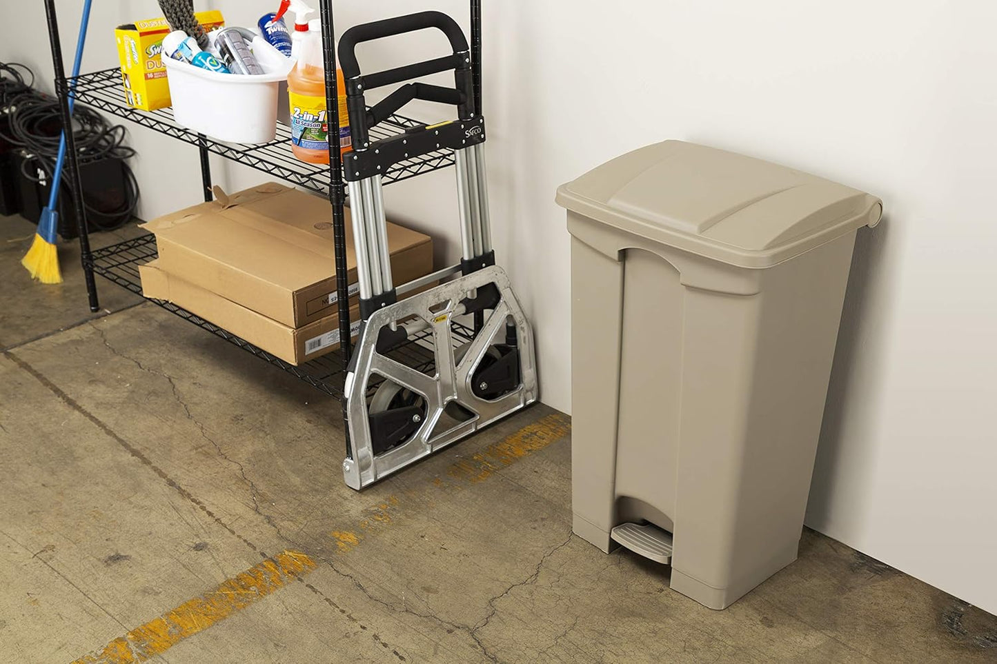 Safco Step On Plastic Trash Can with Foot Pedal, 17 Gallon Garbage Can for Kitchen, Indoor or Outdoor Use, Hands Free, Tan