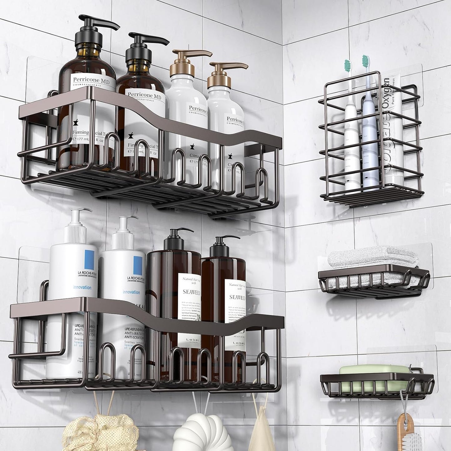 EUDELE 5-Pack Rustproof Stainless Steel Shower Caddy – No Drill Adhesive Bathroom Organizer with Large Capacity, Spacious Shower Shelves for Inside Shower, Kitchen & Home Decor Storage-XL Size