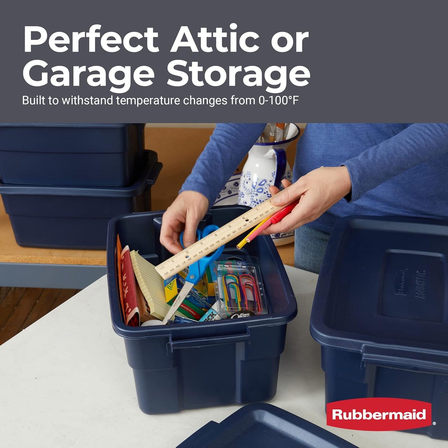 Rubbermaid Roughneck Tote 3 Gal, 6 Pack, Made in USA, Dark Indigo Metallic, Rugged Plastic Stackable Storage Bins with Lids and Handles