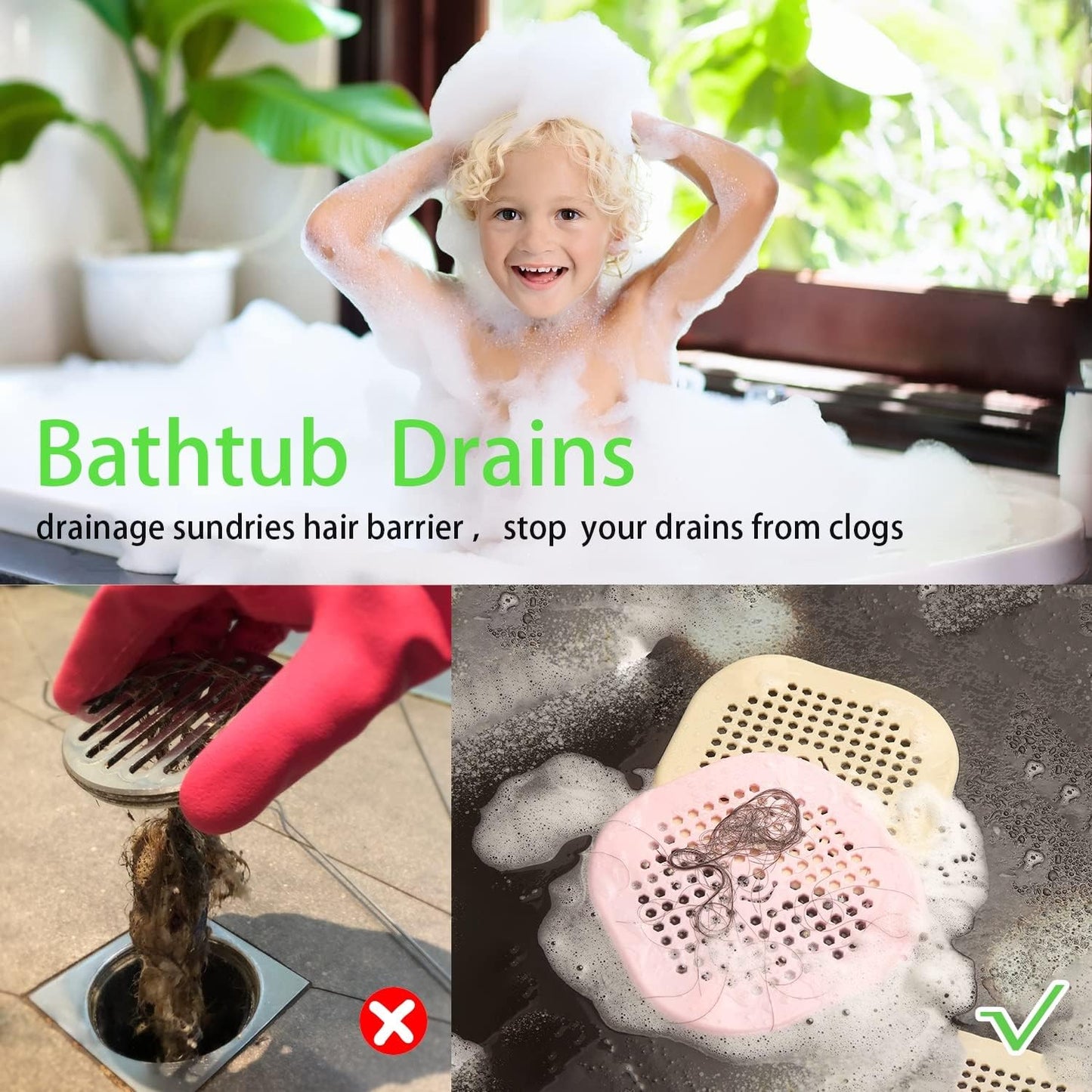 2 Pack Drain Hair Catcher Sturdy Silicone Drain Protector Hair Stopper with Suction Cup for Shower Kitchen Bathroom Green
