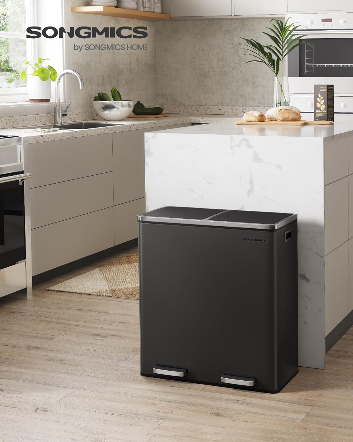 SONGMICS Trash Can, 2 x 8 Gallon (2 x 30 L) Garbage Can for Kitchen, with 15 Trash Bags, 2 Compartments, Plastic Inner Buckets and Hinged Lids, Airtight, Black ULTB60BK