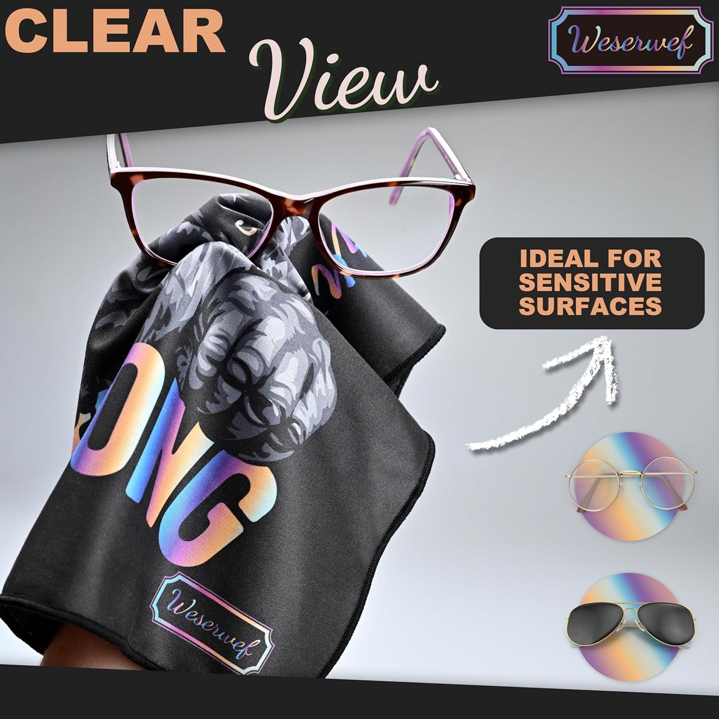 WESERWEF Design Microfiber Glasses Cleaning Cloth – Premium Cleaning Cloth for Eyeglasses, Screens, Tablets, Cameras & Lenses, 12" x 12", Ultra-Soft & Scratch-Free (Gorilla)