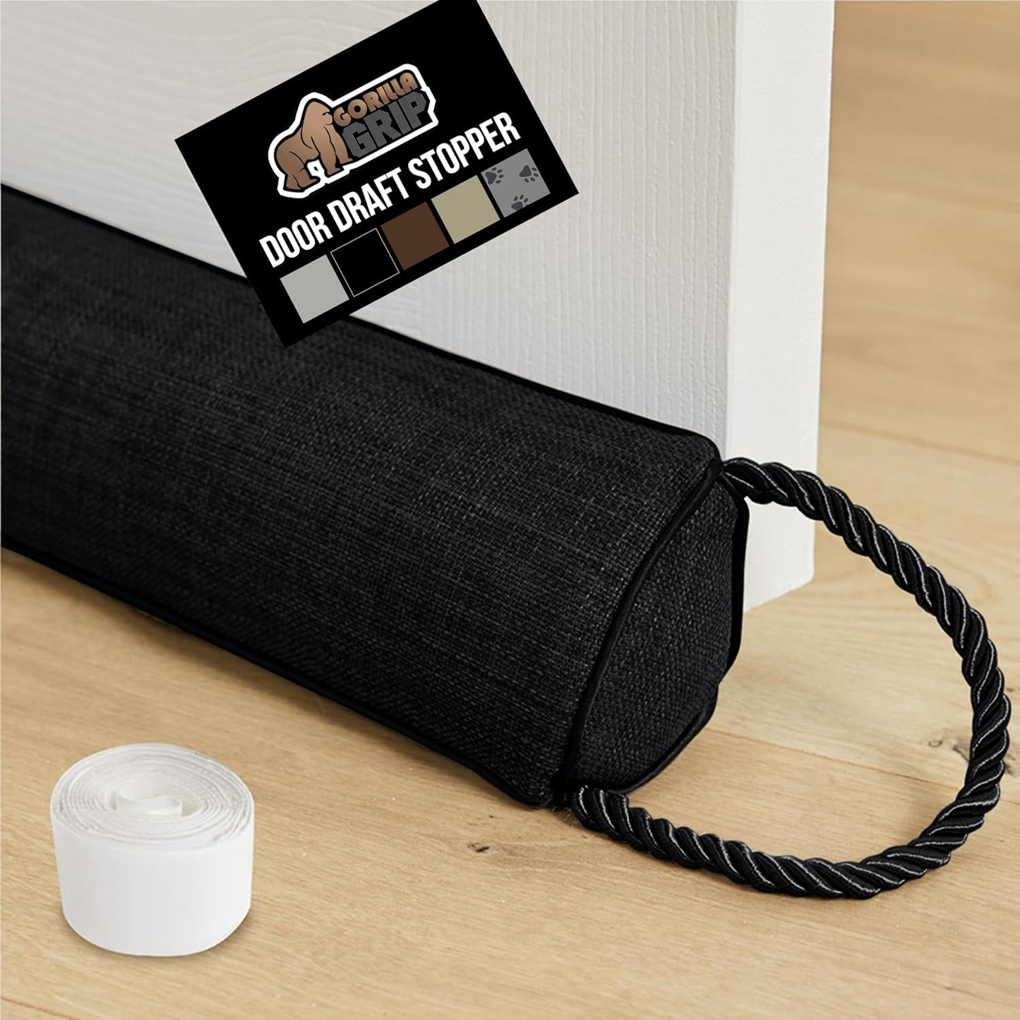 GORILLA GRIP Door Draft Stopper for Bottom of Doors, Weather Stripping Seal Blocks Hot Air, Noise, Bugs, Keeps Cold AC in, Sound Proofing Easy Install Gap Filler, Home Essentials, 38 Inch, Black