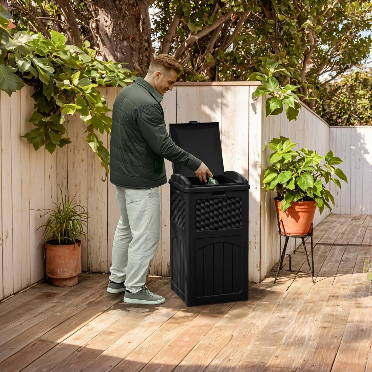 YESHOMY 2 Pack Outdoor Trash Can with Lid, Garbage Bins for Garden, Porch, Home and Kitchen, Black