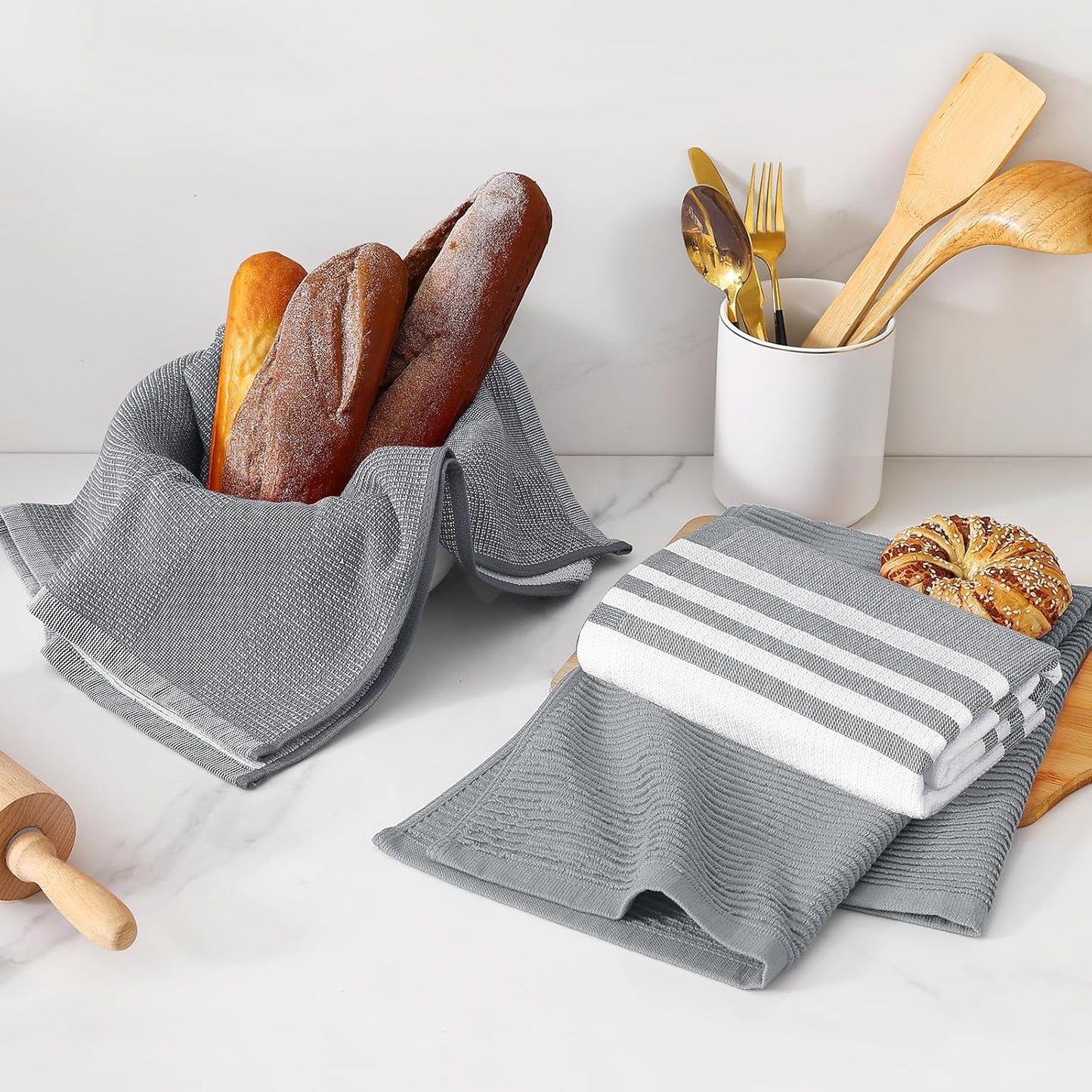 Homaxy Premium Kitchen Towels(18”x 28”, 3 Pack), Large Cotton 380 GSM Kitchen Hand Towels, Soft and Absorbent Terry Dish Towels, Multipurpose Tea Towel Set with Hanging Loop, Grey