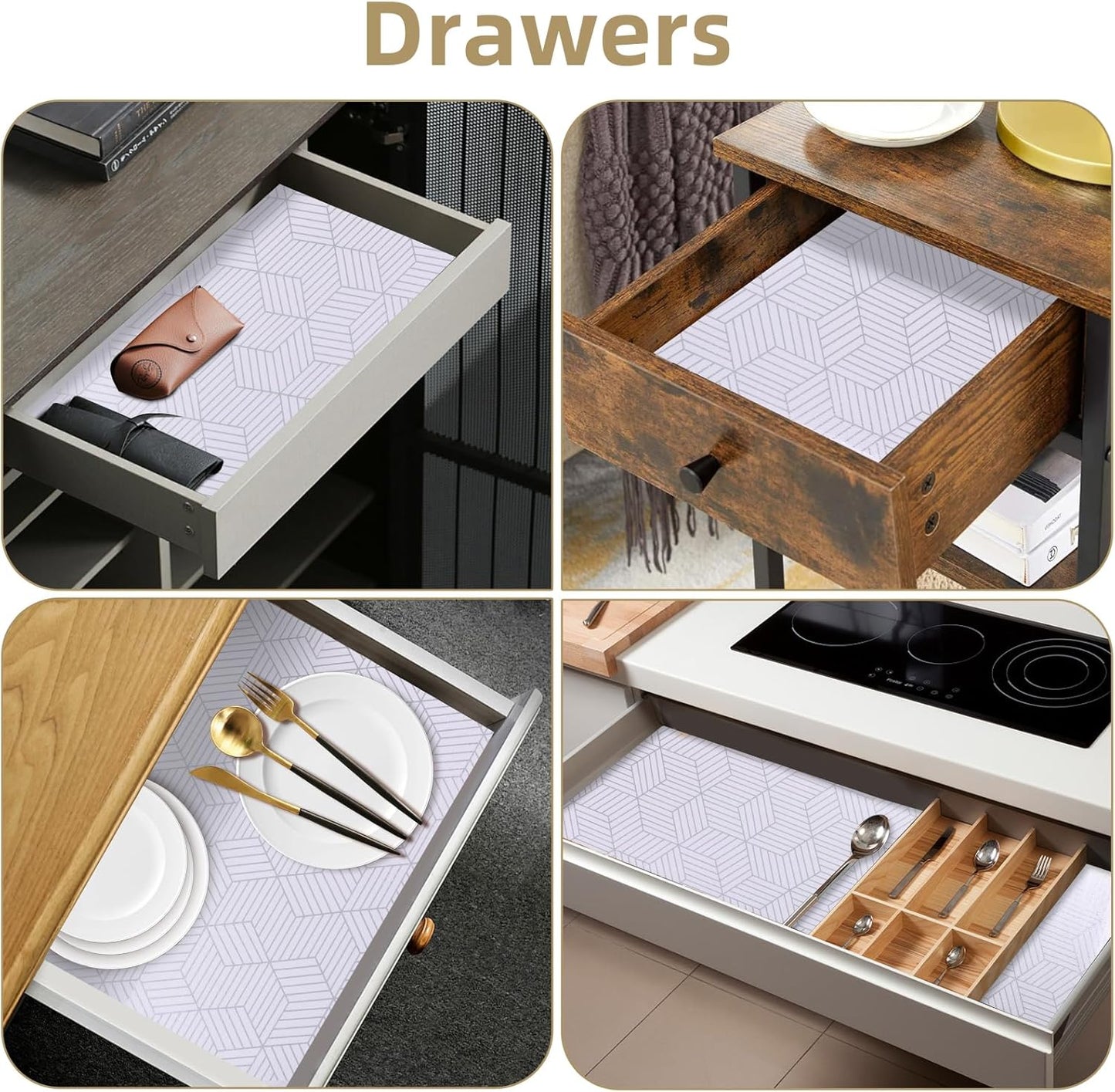 Shelf Liners for Kitchen Cabinets Non Adhesive Shelf Liner Paper Non-Slip Thickened Drawer Liner Easy to Clean for Tool Box Refrigerator with Knife and Tape Measure, Silver Geometric, 23.6 x 354.3 in