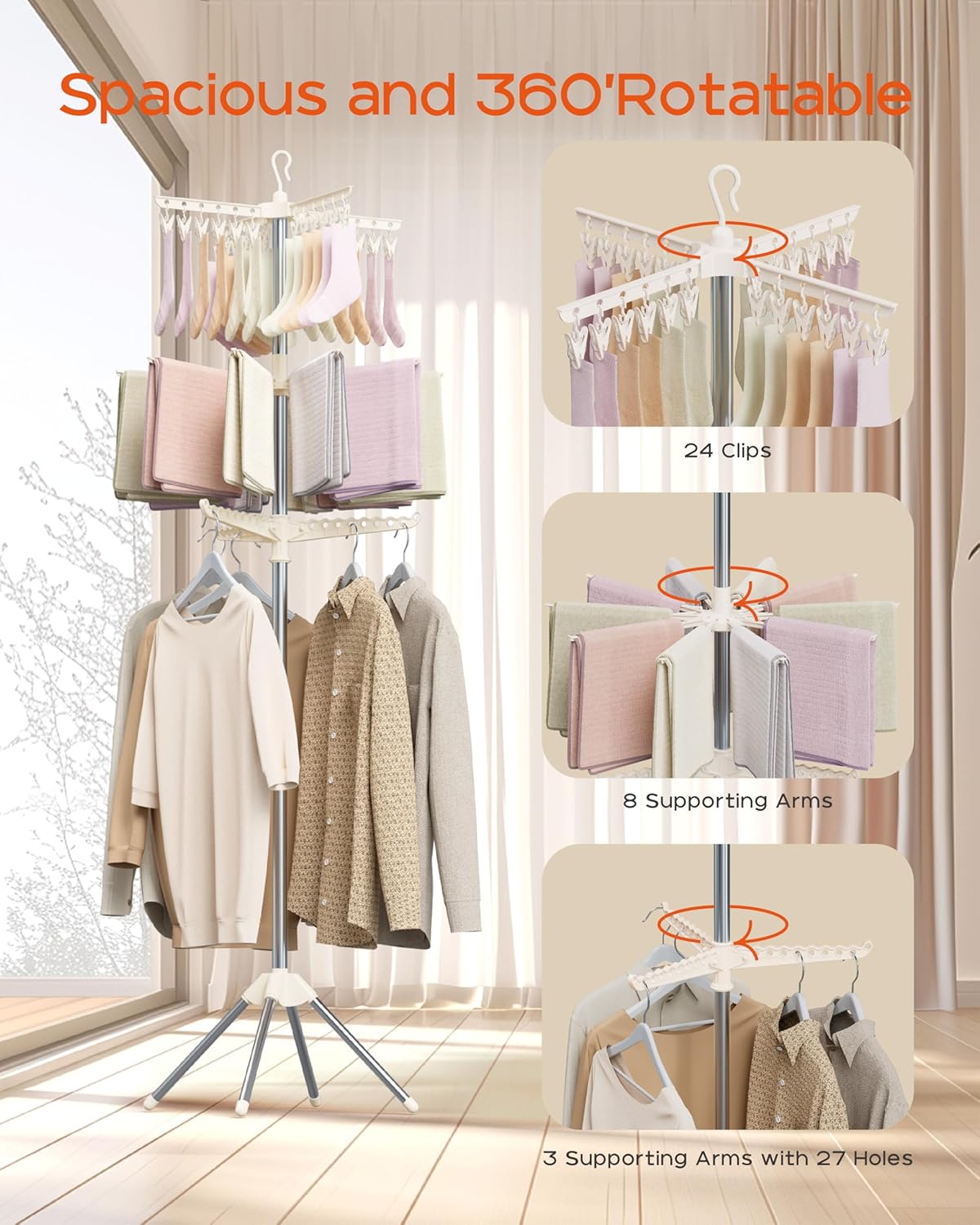 Clothes Drying Rack Foldable, 79.5 inch 3 Tier Laundry Drying Rack with Rotating Clothes Rail for 27 Pieces of Clothes and 24 Clips for Hanging Socks,Space Saving, White and Silver CDR003W01
